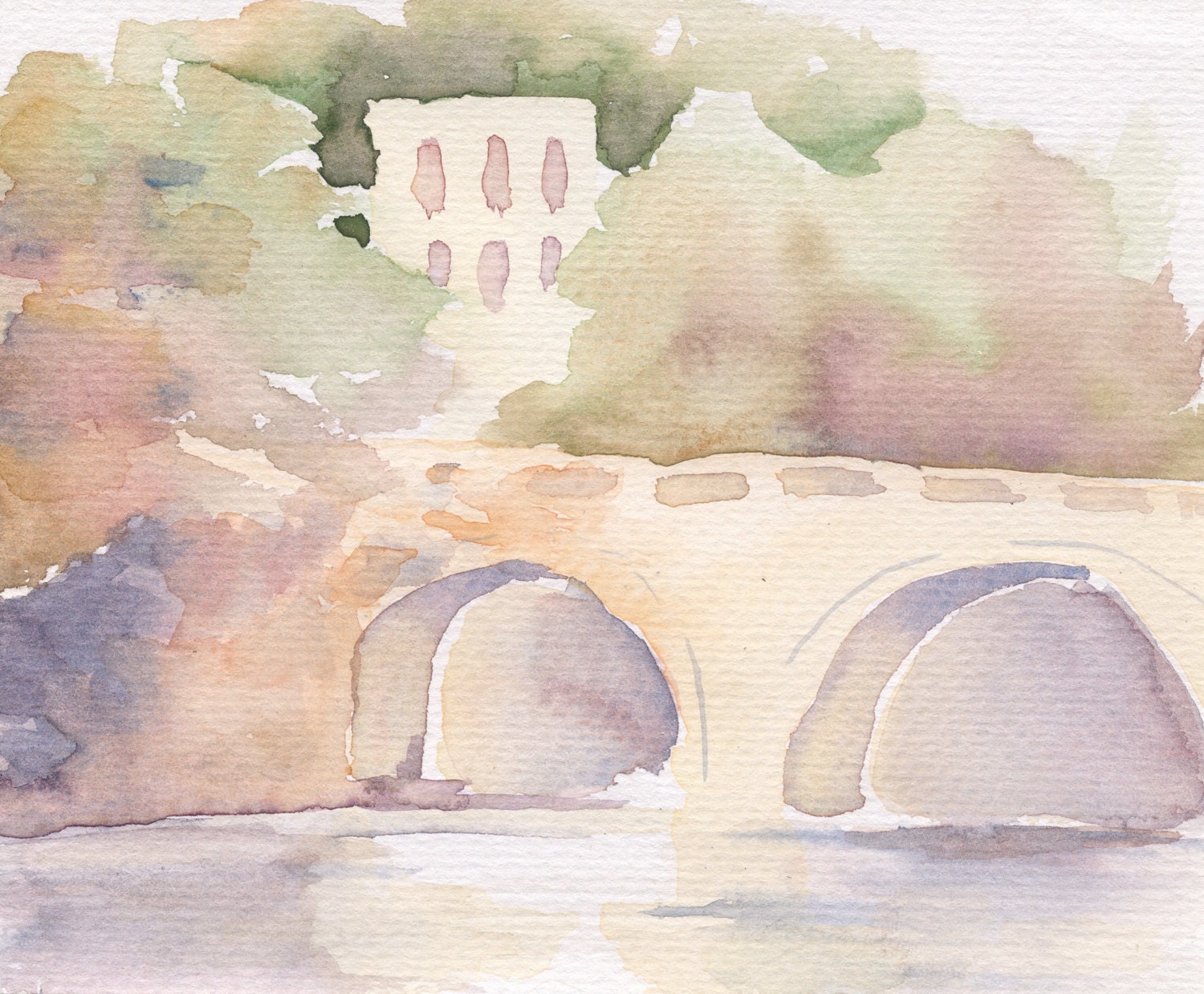 Tiny landscape watercolor painting with white frame, River Bridge in Rome, pastel purple, yellow, green colors 4x6" original watercolor.