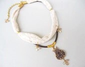 Romantic Necklace, tulip necklace, handmade ceramic tulip , lace necklace, pearl, soft white necklace, charm  necklace, unique necklace