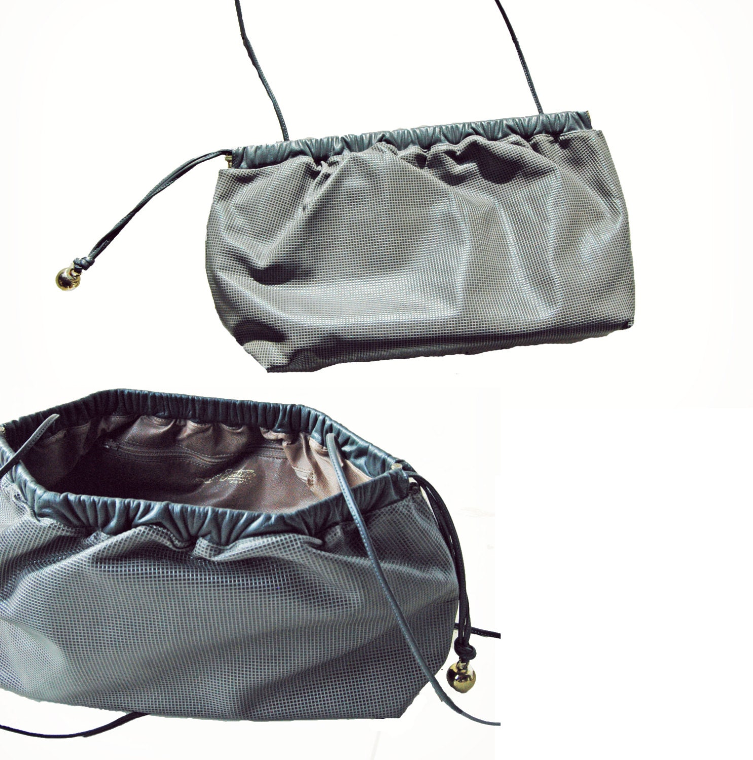 RARE Grey Clutch Handbag  by robert bestien Leather Long Strap Cross Body Purse Gold Bag 80s 70s 60s