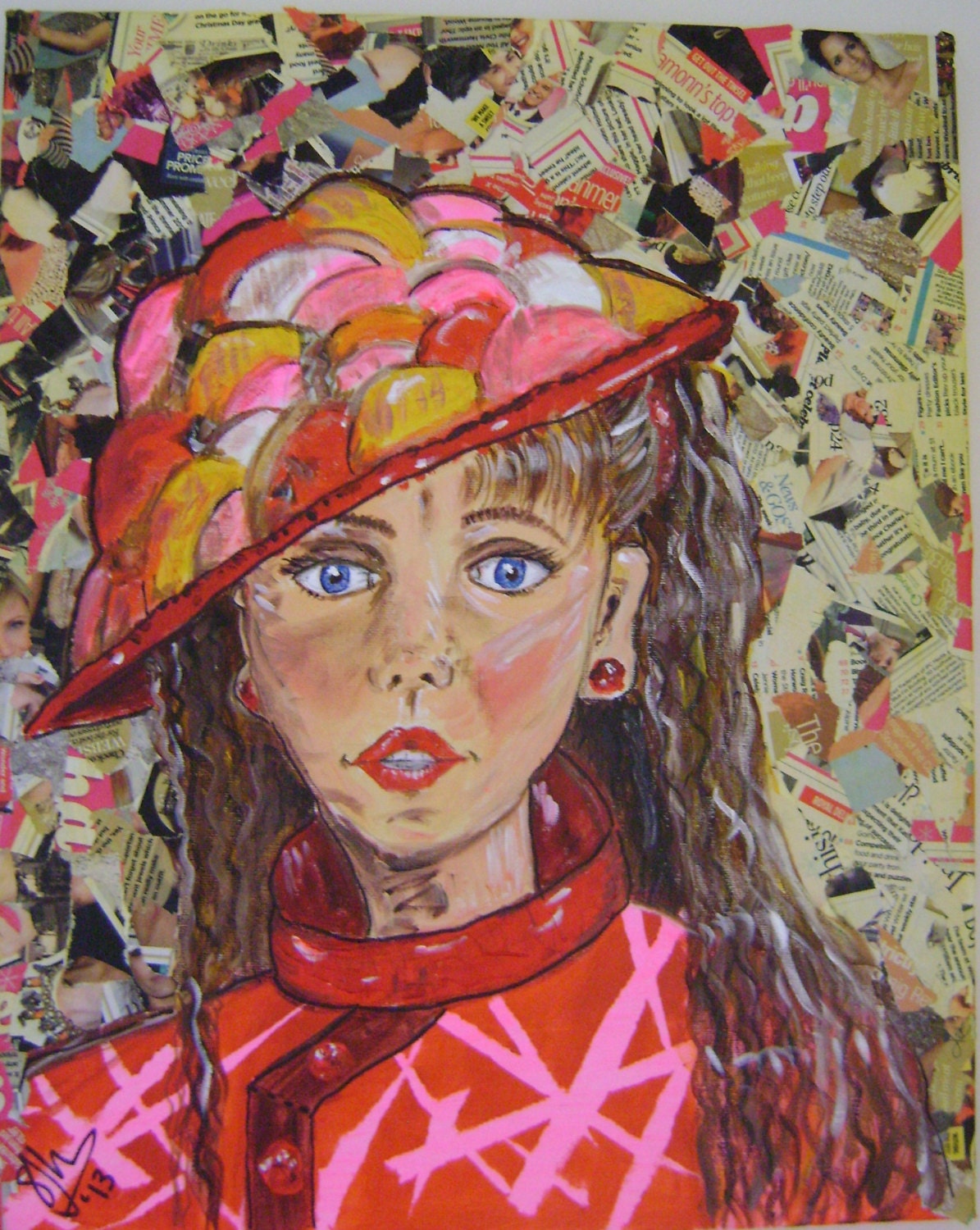 Original Collage painting OOAK  Portrait Female   Retro Home Decor as Wall Hanging   Ready to Hang