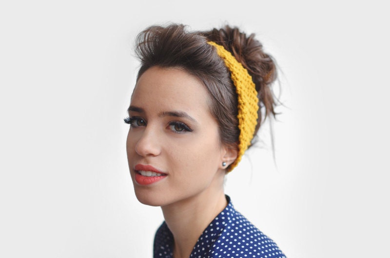 Yellow headband, ear warmer / Hand knitted