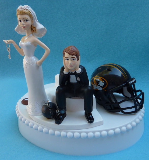 Wedding Cake Topper University of Missouri Tigers Mizzou MU Football Themed Ball and Chain Key w/ Garter, Display Box