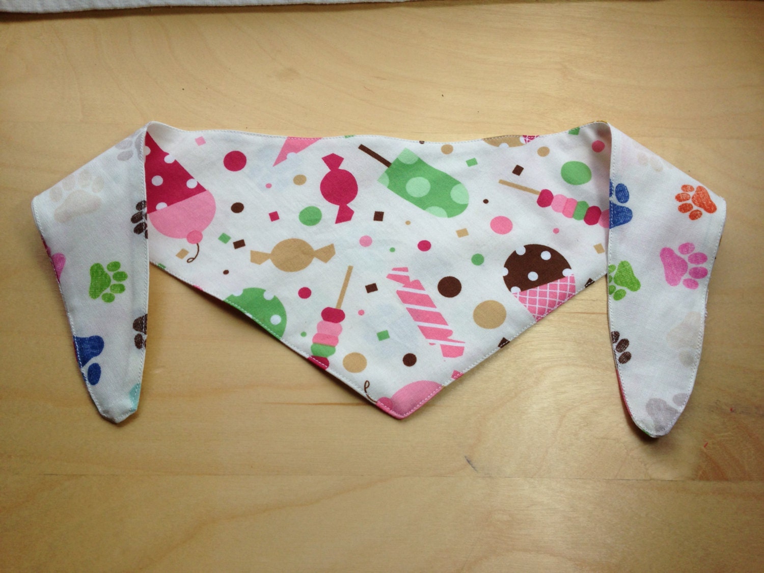 Tie-on Dog Bandana Ice Cream and Candies on Colorful Paw Prints - XSmall or Small