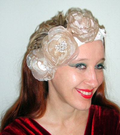 Bridal Wedding Hair Accessory Headband Bandana Beige Ivory off-White with Handmade Flowers, Rhinestones, Crystal Jewels, Pearl Beads