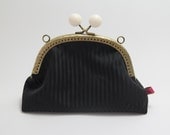 GRACIE Small Frame Bag, Black on Black Stripe. Printed rose floral lining.  White snap clasp and detachable chain strap.  Clutch purse.
