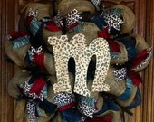 Burlap Leopard Animal Print Initial Summer Turquoise Red Deco Mesh Wreath