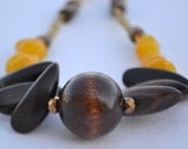 Handmade Bead Necklace, Wooden Jewelry, Yellow and Brown, Necklace for Women