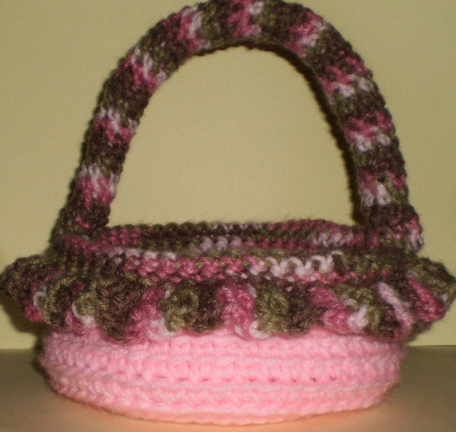 Pink Camoflage Crocheted Basket with handle and Ruffled Edge