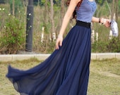 women's navy blue silk Chiffon 8 meters of skirt circumference long dress maxi skirt maxi dress  XS-L