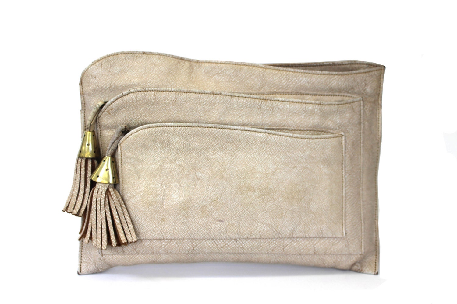 1940s Cream Worn Leather Clutch with 2 Tasseled Pockets