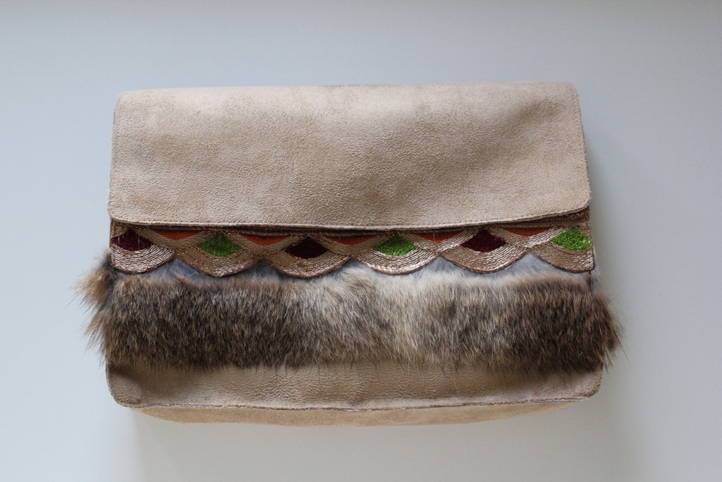 RAW BELLA- Suede Clutch - FREE Shipping, Handmade Overlap Clutch, Bag, Purse, Boho, Fashion, Goat Fur, Neutral, Trimmings, Ethnic