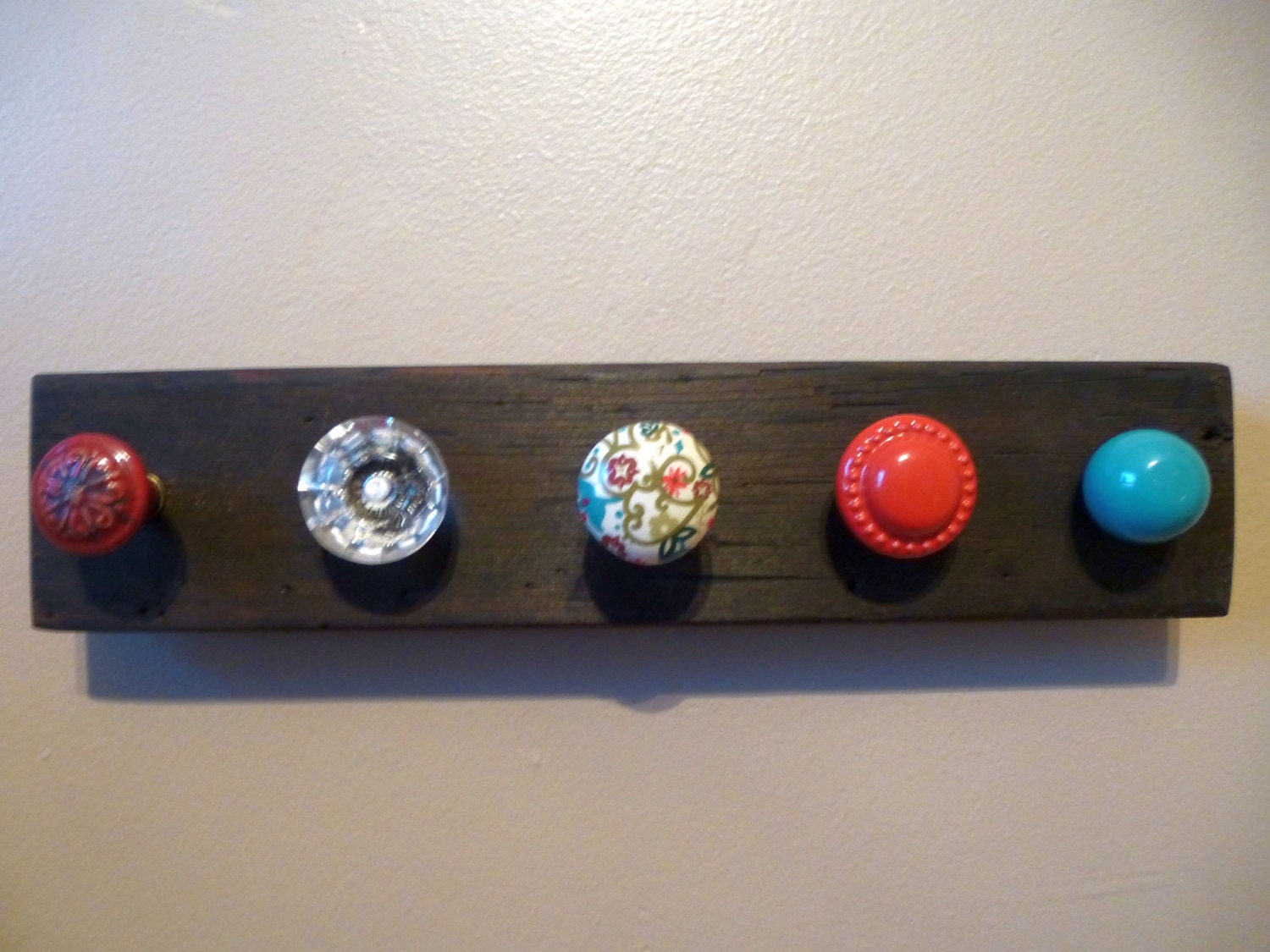 Scarf Rack from Upcycled Wood, Necklace Organizer, Jewelry Holder, Wall Hanging, with Pretty Floral, Red and Aqua Decorative Knobs