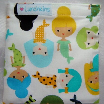 SANDWICH Snack BAG Teal Blue Mermaids Girlfriends Design Reusable with Nylon Lining