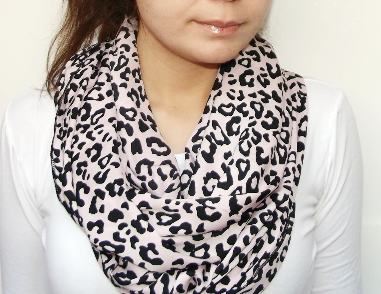 Lightweight Soft Pink and Black Leopard infinity Scarf, Circle Scarf, Women Accessories