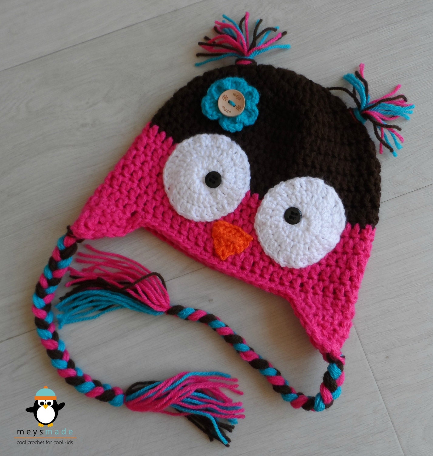 Crochet Owl Earflap Beanie / Hat / Cap for Baby / Child / Photo Prop - Acrylic & unique wooden button - Custom Handmade