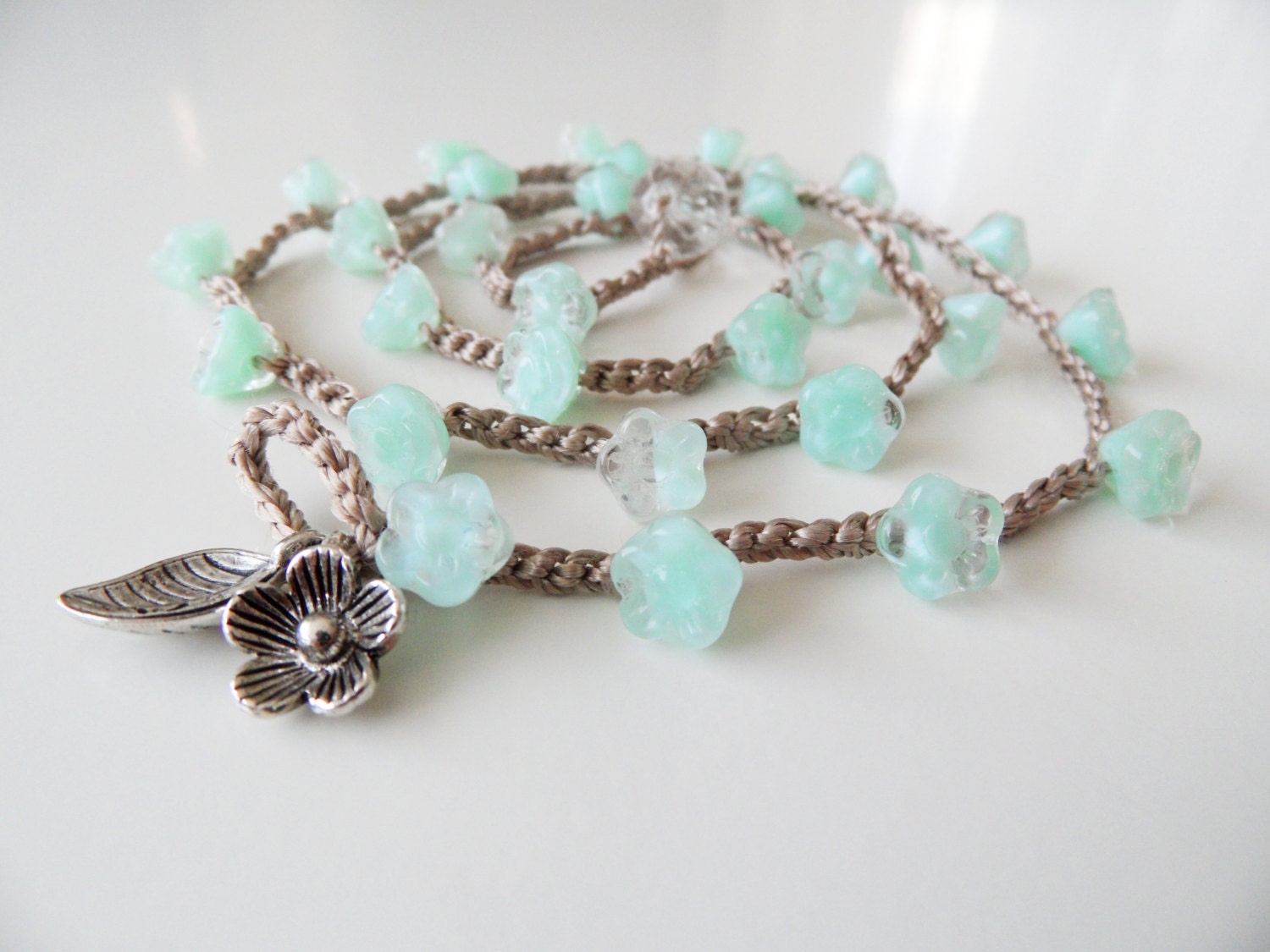 Mint crochet necklace triple wrap bracelet anklet 'Bohemian Bouquet', baby pink, Thai Silver flower dangle, shabby boho chic