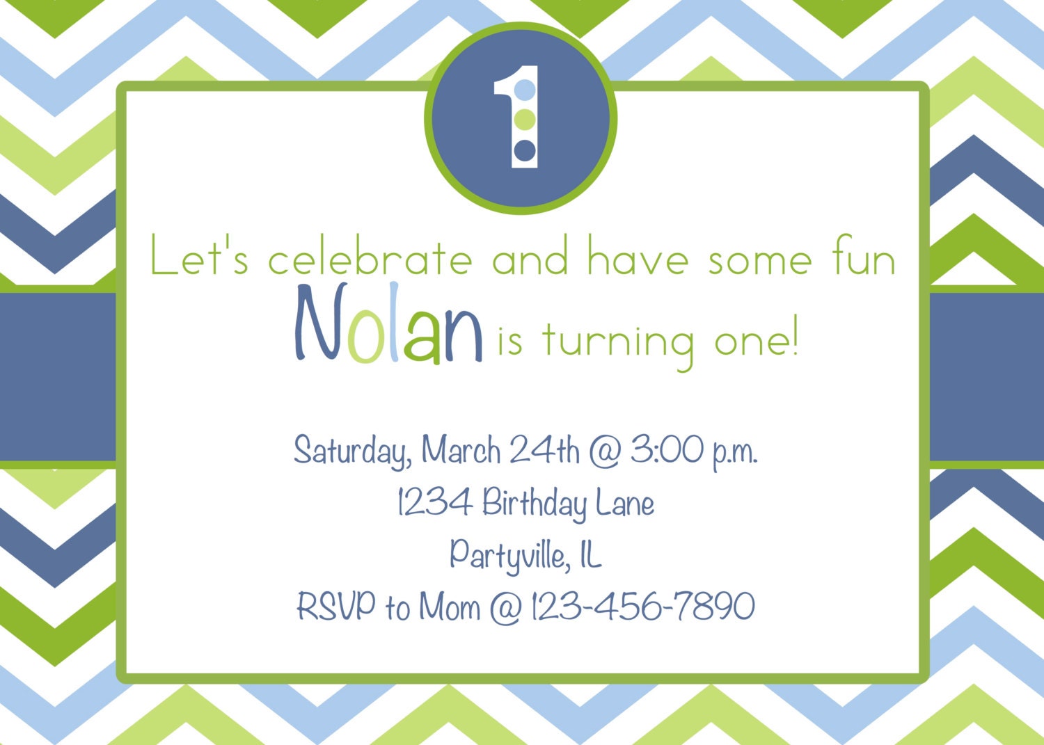 Chevron First Birthday Party Invitation Navy, Green, Blue Printable