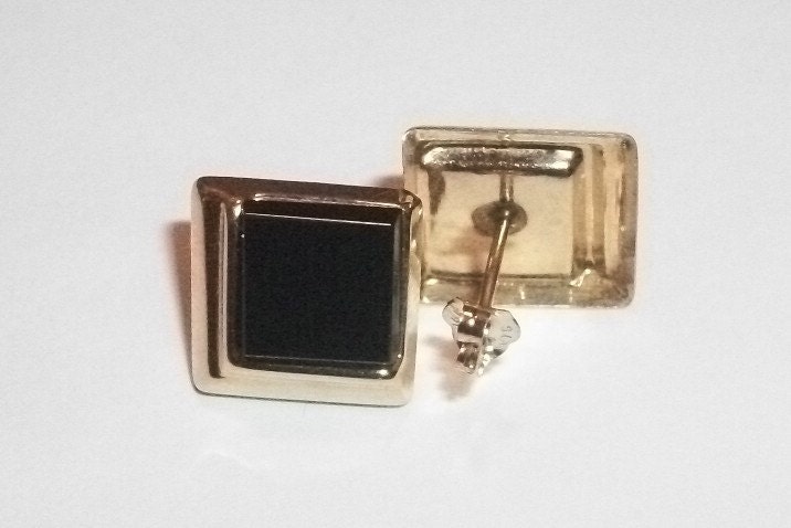 Fine Jewelry, Gold Earrings, Gemstone Jewelry, Black Onyx Jewelry, 14K Yellow Gold, Shiny Earrings, Gold Framed Onyx,  Post  Earrings