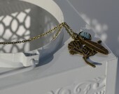 Antique Finish Necklace with a Bird in Tree Charm, Feather and Flower Charms, Light Grey Resin Flower