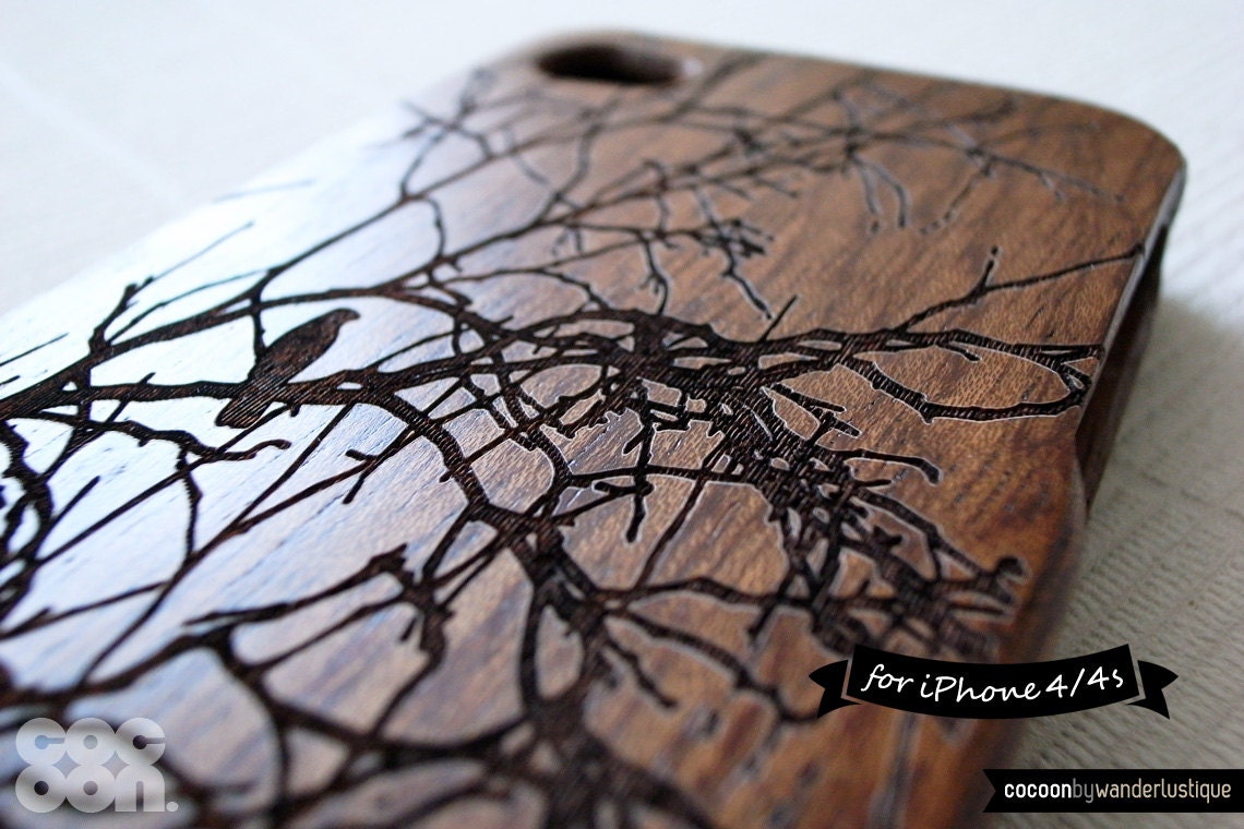 SALE30%OFF: Natural Wood iPhone 4 Case - Engraved Birds on Tree iPhone Case // Sapele Wood, Art, Gift, Forrest, Laser Engraving, Relief, 4s