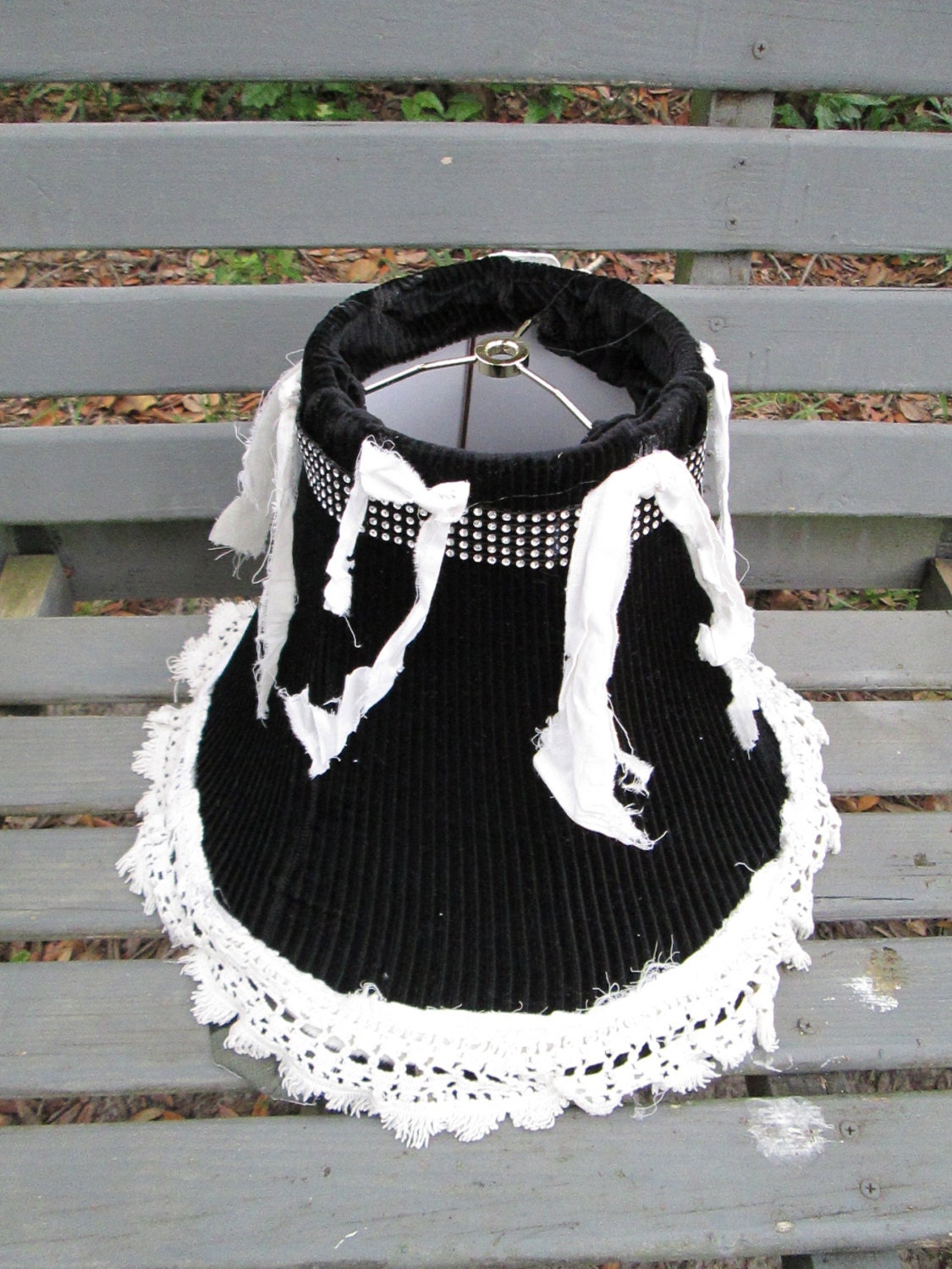 eco friendly, repurposed fabric, grey, black and off white, stripes, eclectic, artist made, ooak lamp shade