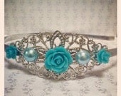 Teal Rose and Pearl Silver Headband