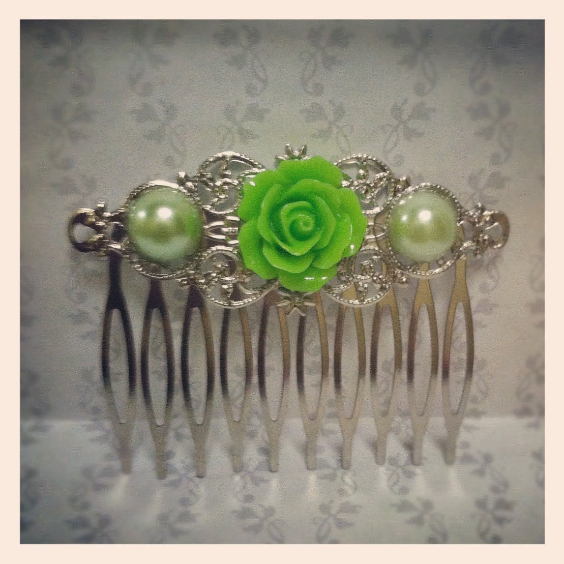 Green Rose and Pearl Hair Comb