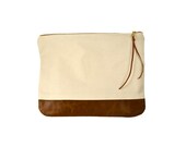 Cognac Leather and Natural Canvas Clutch with Brass Zipper