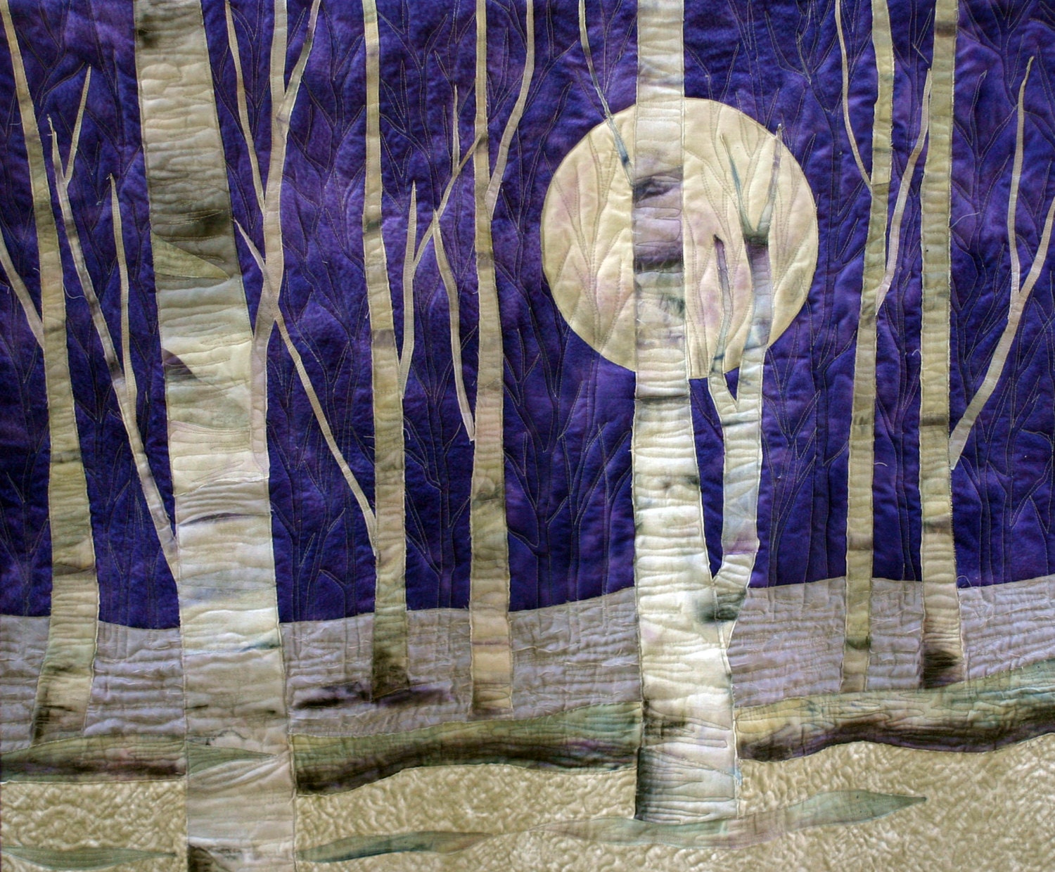 Purple moon art quilt made with hand painted fabric