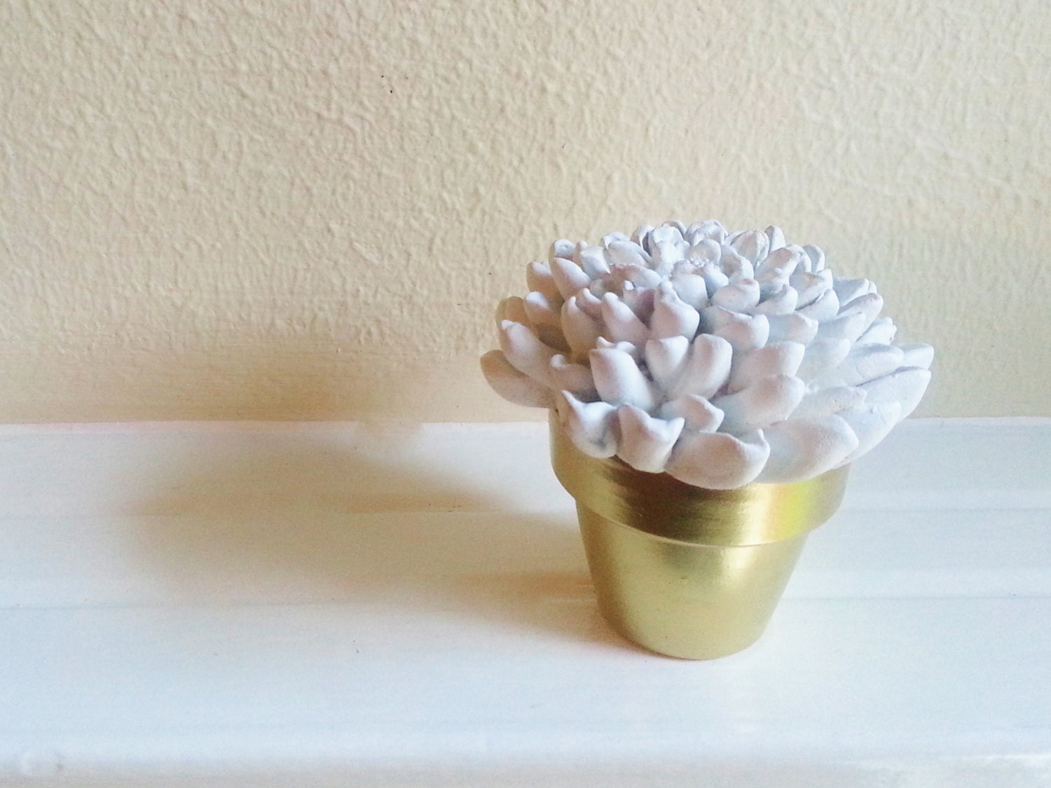 White Flower Sculpture in Gold Container, Wedding Favors, Bridal shower gifts, desk accessory
