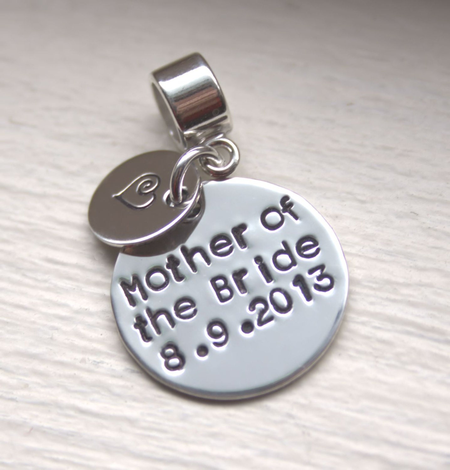 Mother of the Bride Hand Stamped Personalized European Charm Sterling Silver Fits All Brands of Bracelets Wedding Gift