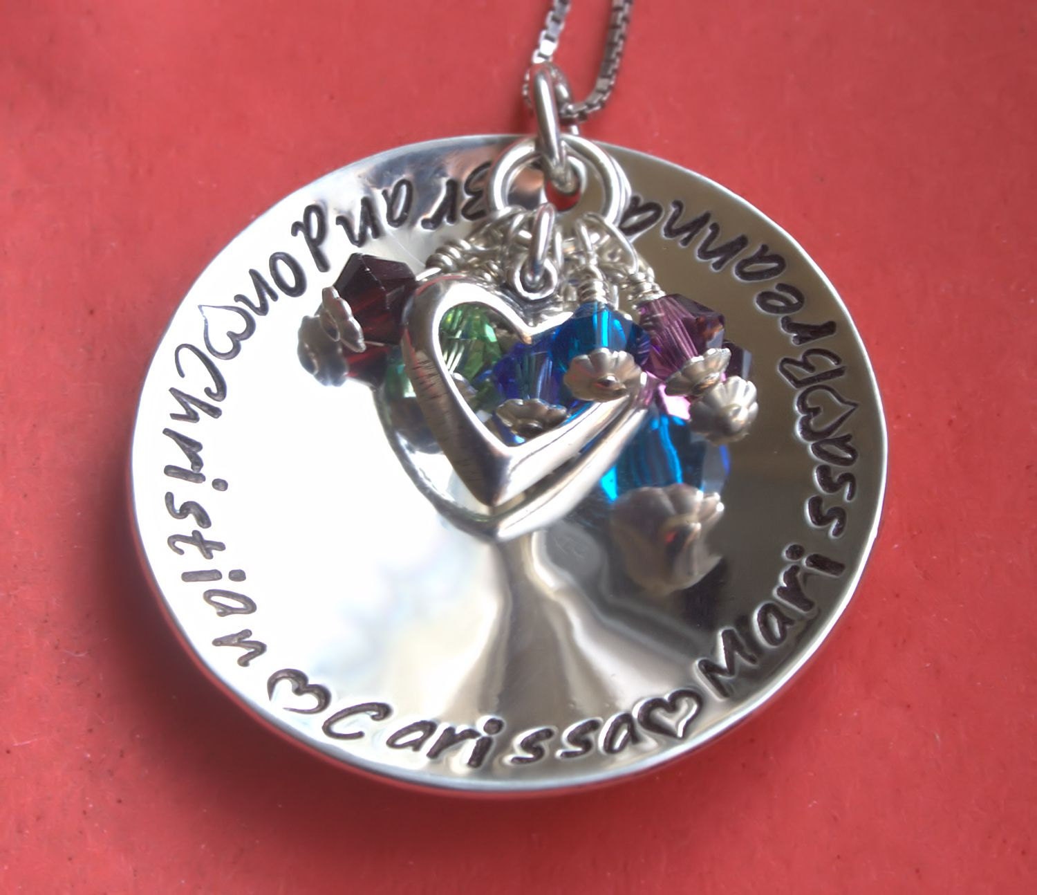 Hand Stamped Necklace, Personalized Necklace, Four or Five Names, Birthstones, Heart Charm, Sterling Silver, Mother's Jewelry, Grandmother