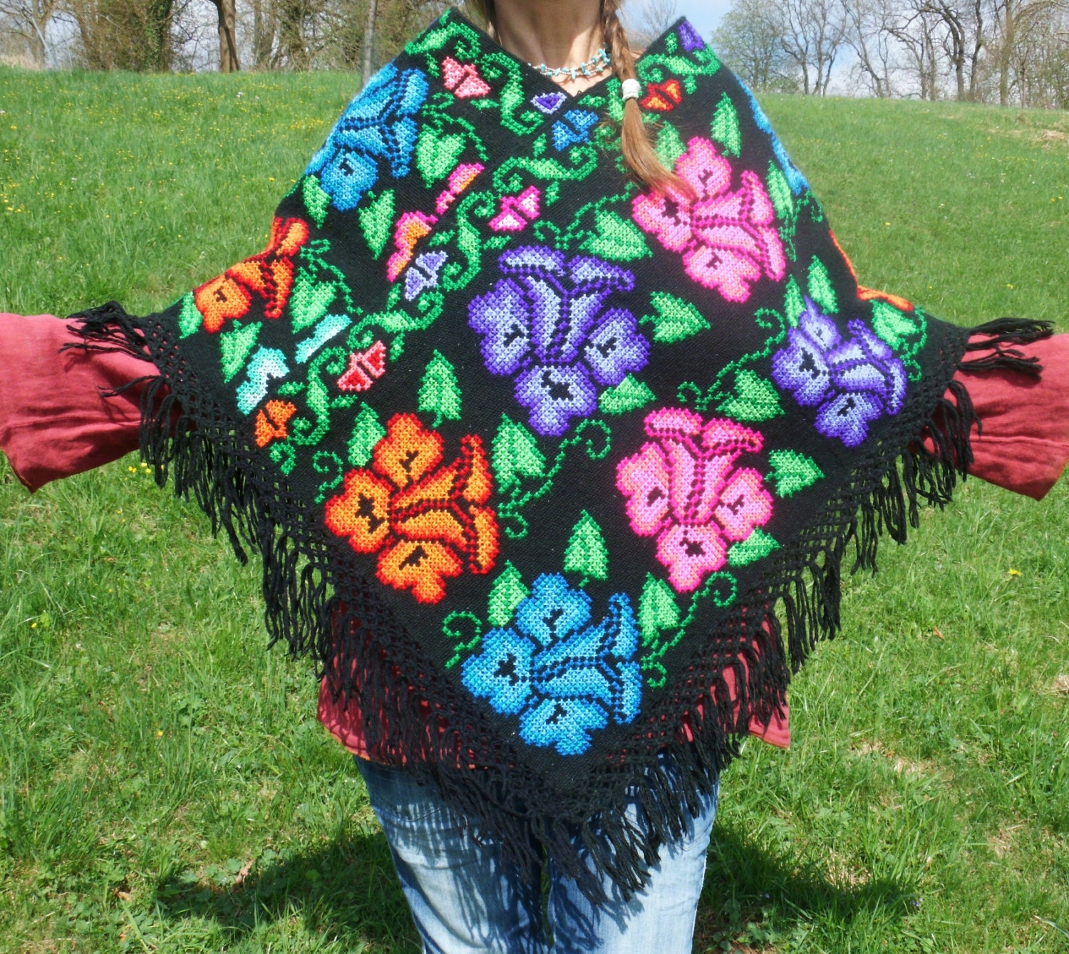 hand embroidered  mexican hippie folk art  poncho PEYOTE DREAMS  woven  bohemian ethnic gypsy woodstock flower