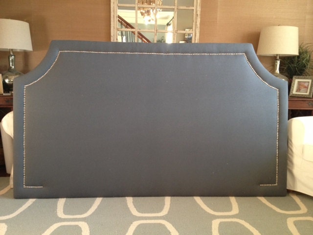 KING Curved Corner Upholstered Headboard, Charcoal Gray Linen, Silver Nickel Nailhead