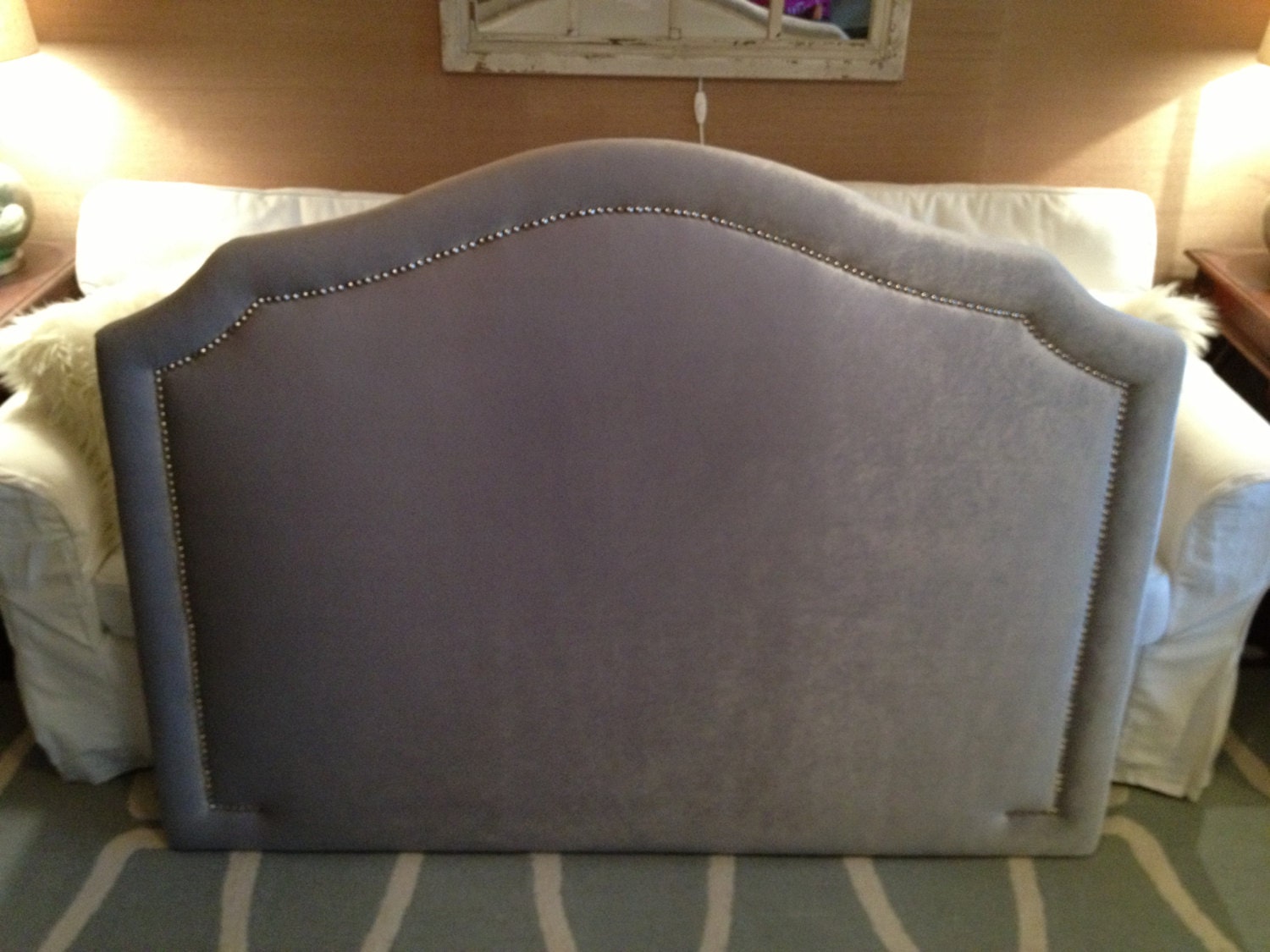 Queen Notched  Upholstered Headboard, GRAY VELVET, Silver Nickel Nailhead