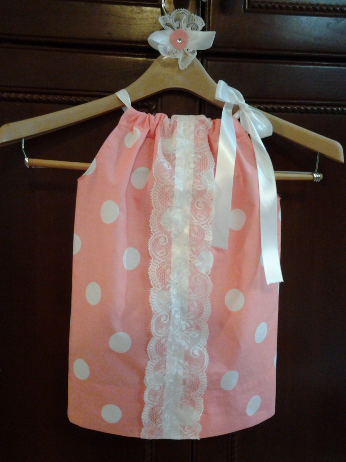 Shabby Chic spring polka dots 2T 3T 4T 5T custom pillowcase dress boutique style hairpiece included