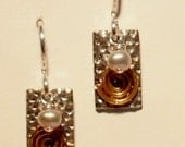 Pewter dangle earring, with freshwater pearl drop and spiral.
