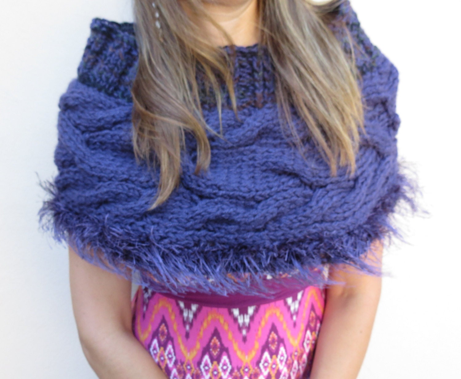 Eggplant purple, cable-knit Shall, Shrug, Capelet with fringe
