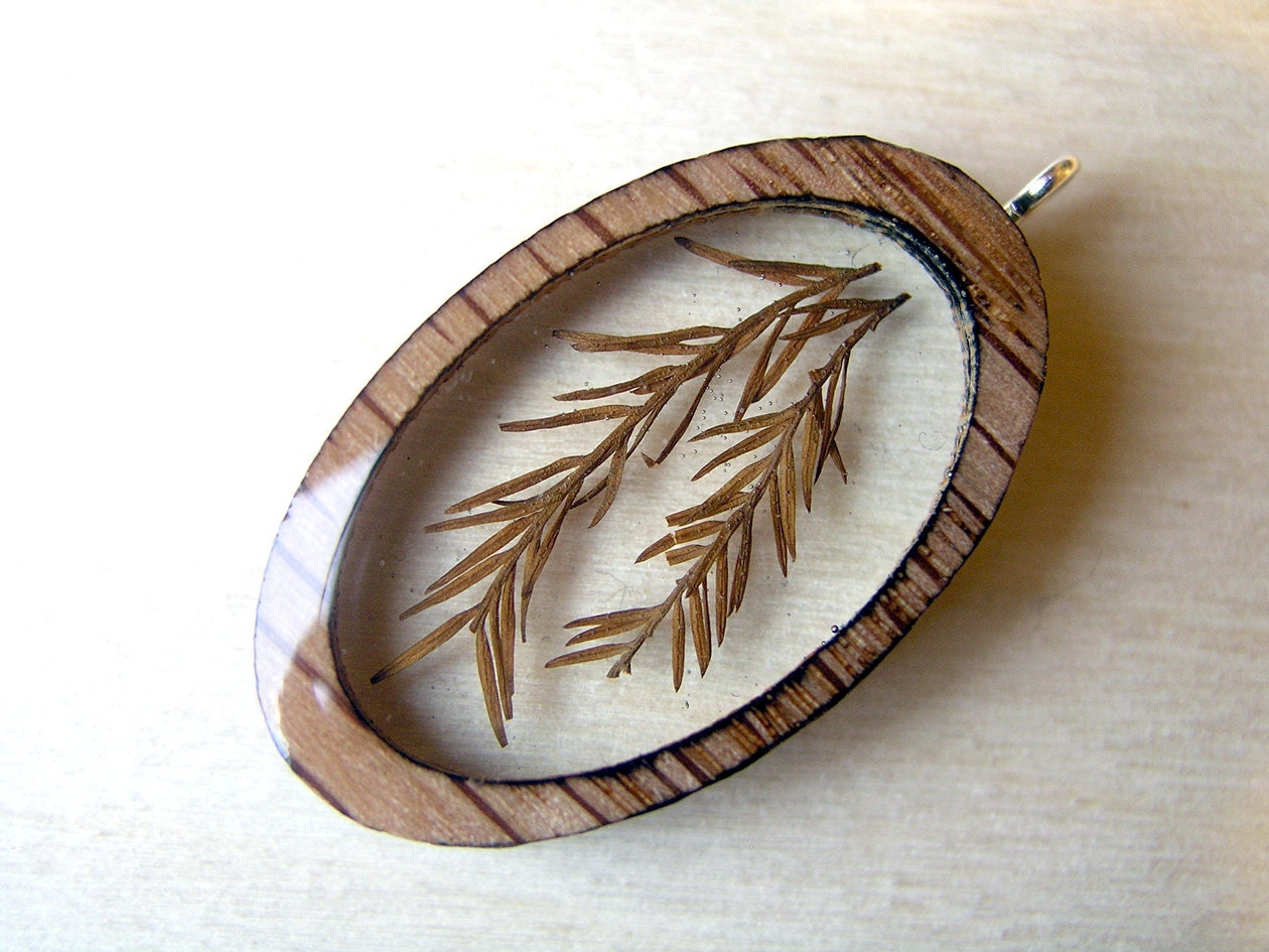 Resin and Wood Necklace Jewelry Pendant with Encased Pine Sprig Plant Life