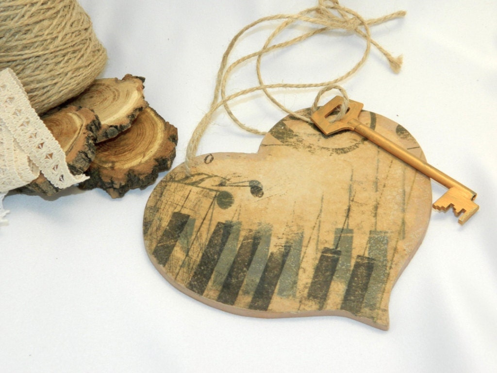 Wooden shabby Heart decorations- Gift decoupage picture- Home Decor wall hanging - weddings bridal love favors- golden handmade