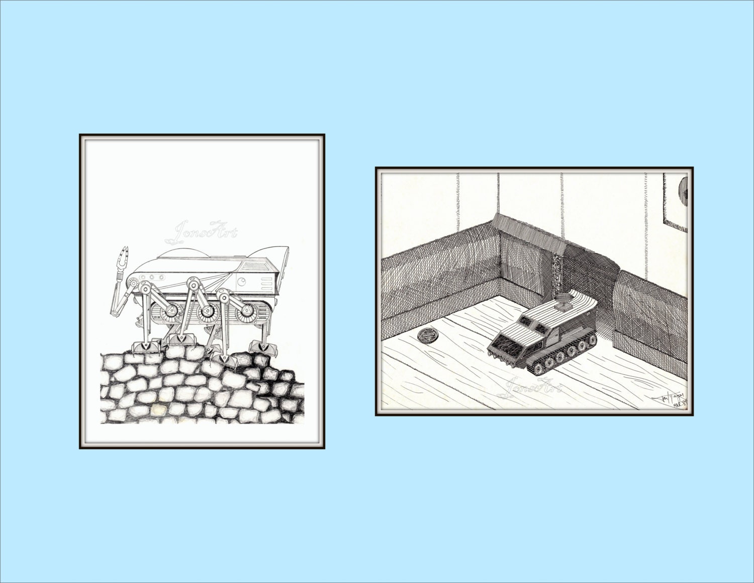 Childrens Wall Art, Boys, Machines, Kids Bedroom, Pencil and Ink Drawings, Robot Walker, Miniature Transport, TWO - 8 x 10 Prints.