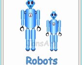 Robot Wall Art, Illustration, Modern Art, Digital, Children, Kids, Boy, Bedroom, Home Decor, Playroom, Blue, ROBOTS1, 8 x 10 Print