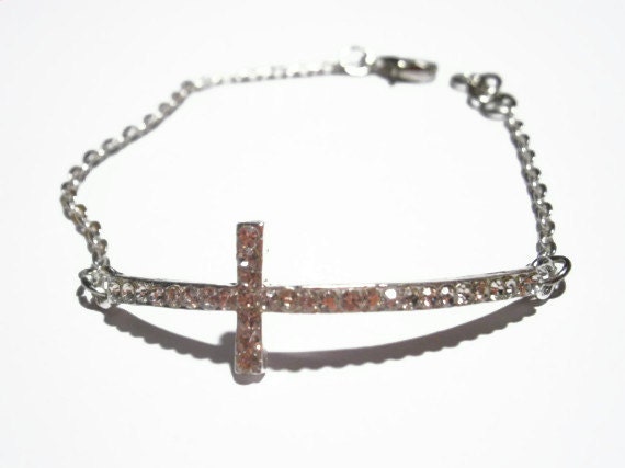 Sideway Cross Bracelet, Silver tone, Rhinestone Jewellery, Christian Jewelry, Pave Bracelets, Celebrity Inspired