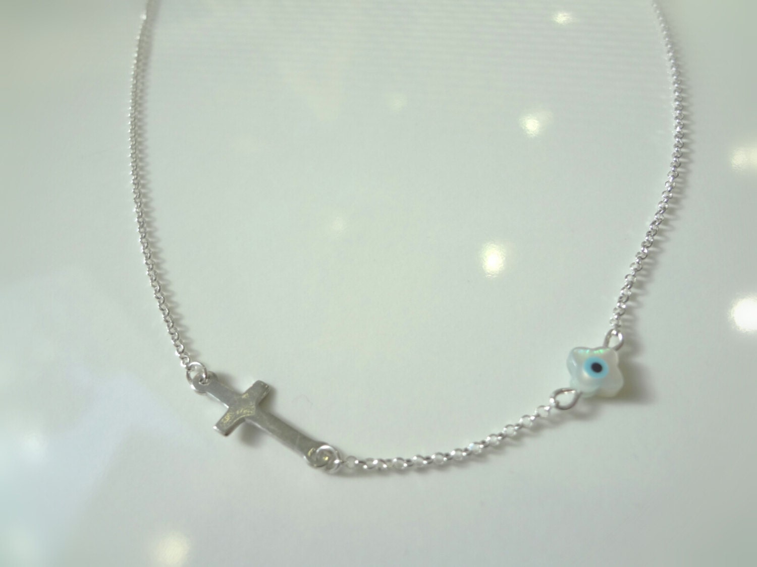 Sideways Cross Necklace - Sterling Silver Cross with Mother of Pearl Evil Eye - Minimalist Jewelry - Protection -Gift for Her