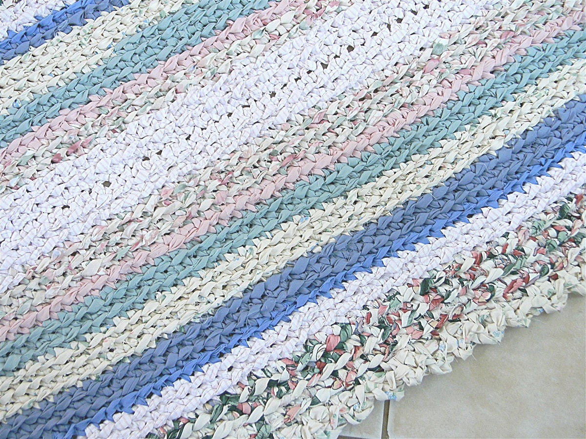 Handmade Cotton Crochet Rug - CUSTOM ORDER  Large Rectangle Rug in Soft Pastel Colors with Scallop Trim Rag Rug