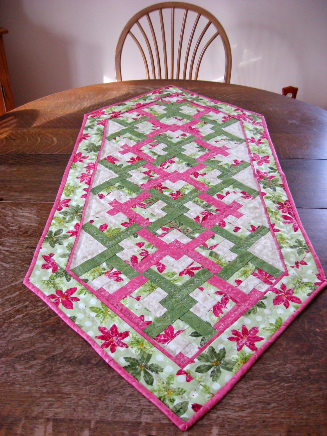 Quilted Table Runner, in Lover Knot Pattern, in colors of pink, green and off white
