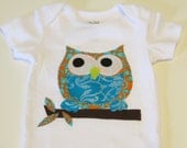 baby owl onesie for boy or girl, creeper, bodysuit, one piece, onsie, teal and orange, shower gift