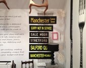 vintage bus destination blind original British typography transport signs Manchester England 70s 80s