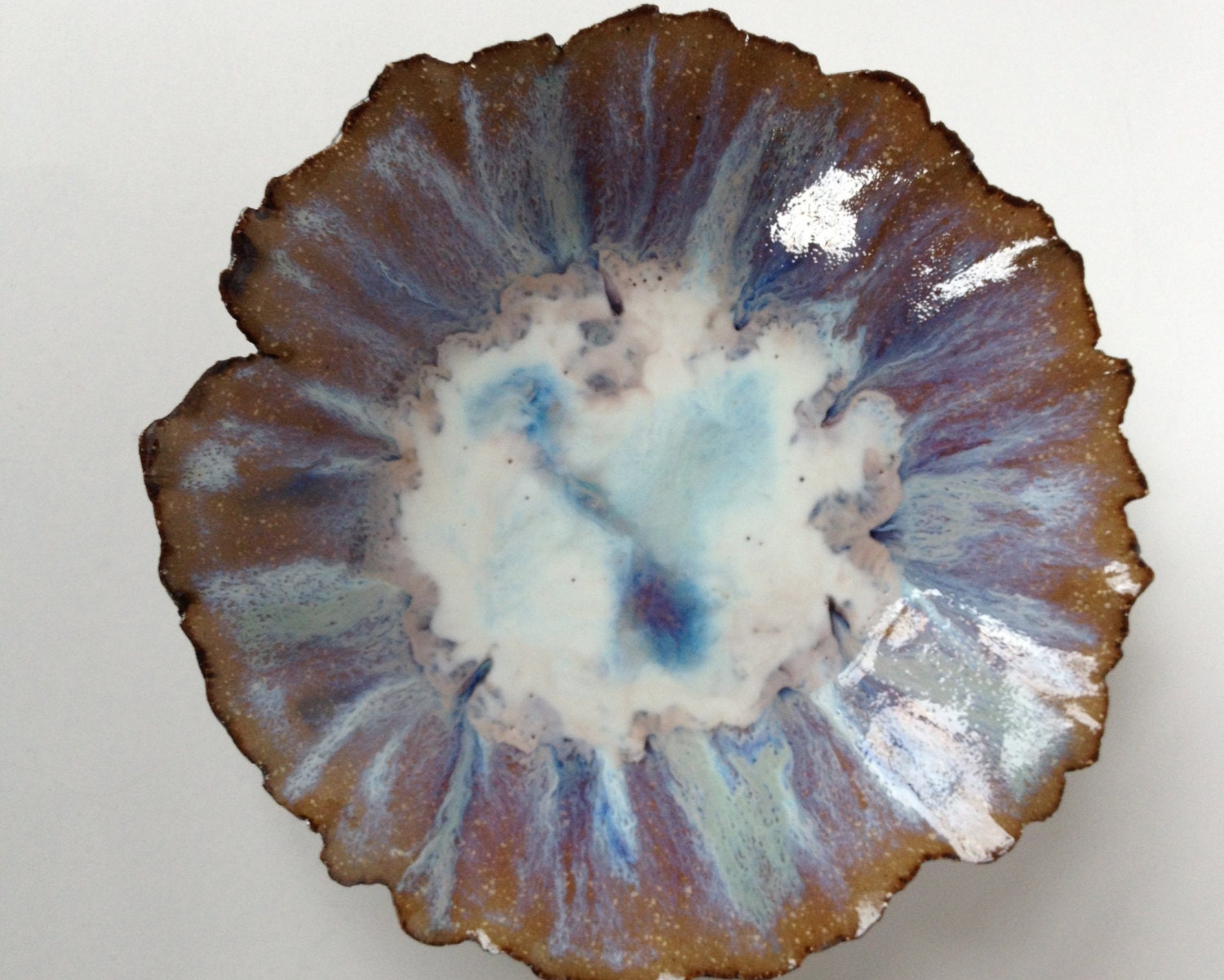 Ceramic Pottery Decorative Bowl Hand Pinched Hand Painted Purple White Blue