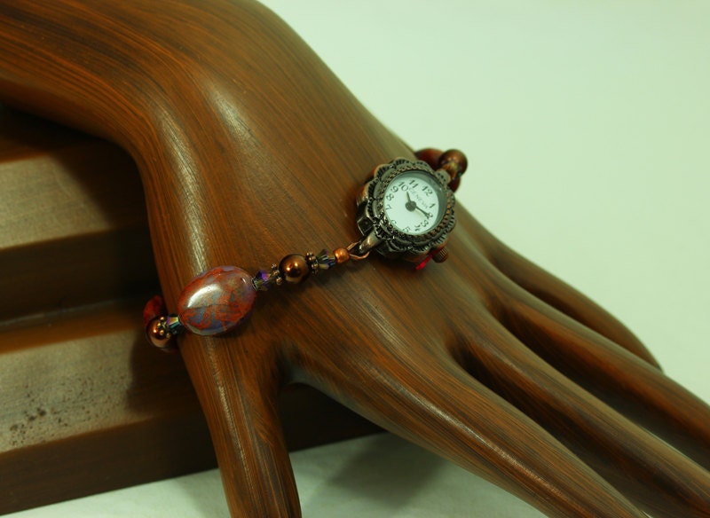Swarovski Crystal Amethyst AB, Brown Pearls, Oval Jasper Gemstones, Antique Copper Decorative Oval White Watch Face, JASPER